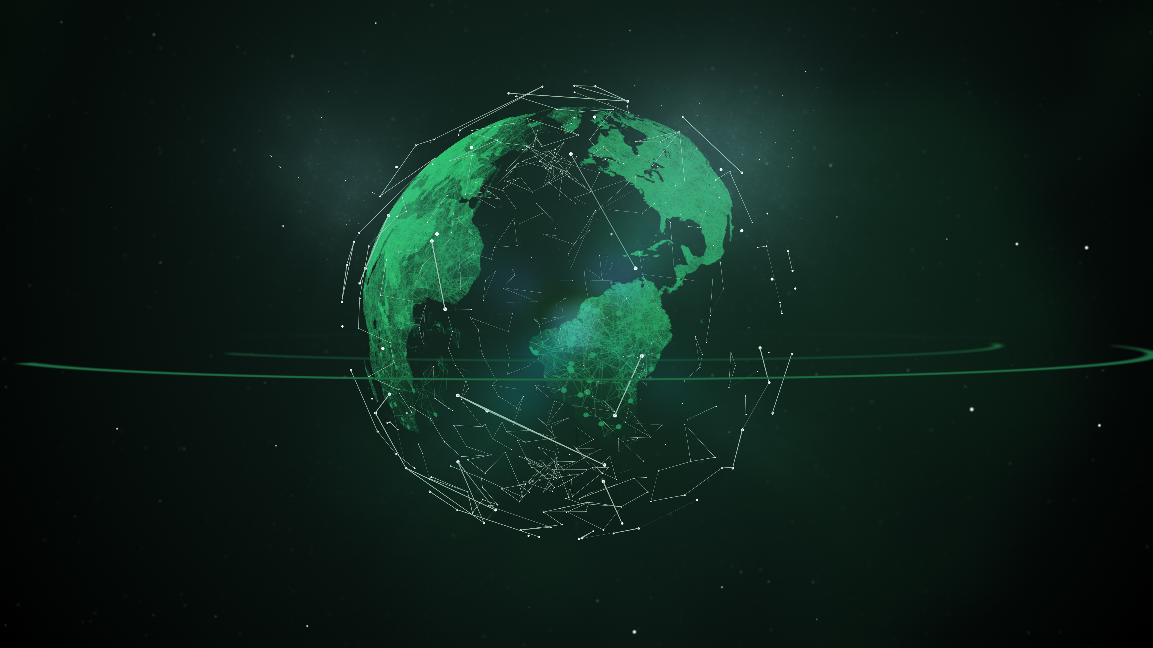 A digital, neon-green illustration of Earth against a dark background, featuring a web of connecting lines and geometric shapes outlining continents and networks, evoking a sense of global connectivity and technology.