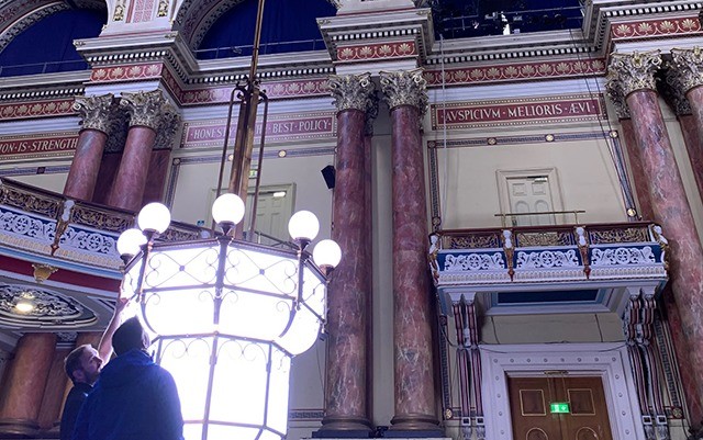 Leeds Town Hall Chandelier Winch Solution Light Down[1]