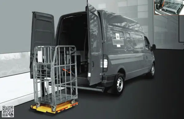 A grey delivery van with rear doors open is being loaded with a metal trolley using a yellow platform lift. A small inset shows a close-up of the platform's mechanism. A QR code is visible in the lower left corner.